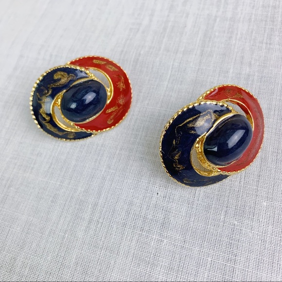 Vintage Enamel Cabochon Red And Blue Statement Earrings - Picture 4 of 4